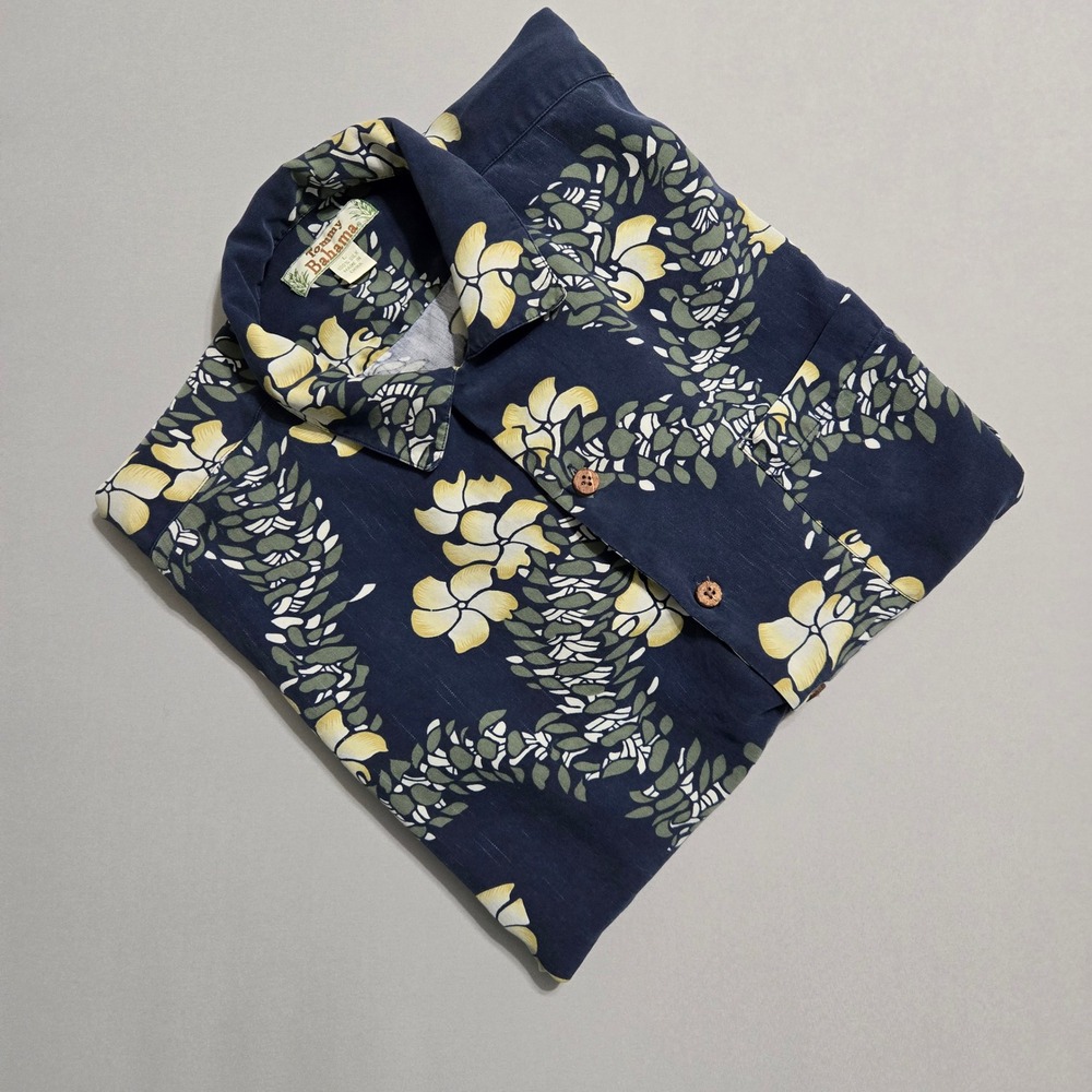 Tommy‎ Bahama Shirt Mens Large Blue Floral Silk Camp Button Down Hawaiian